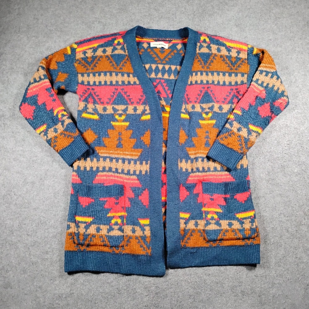Lucky Brand Womens Southwestern Geometric Open Front Cardigan Sweater Blue Small